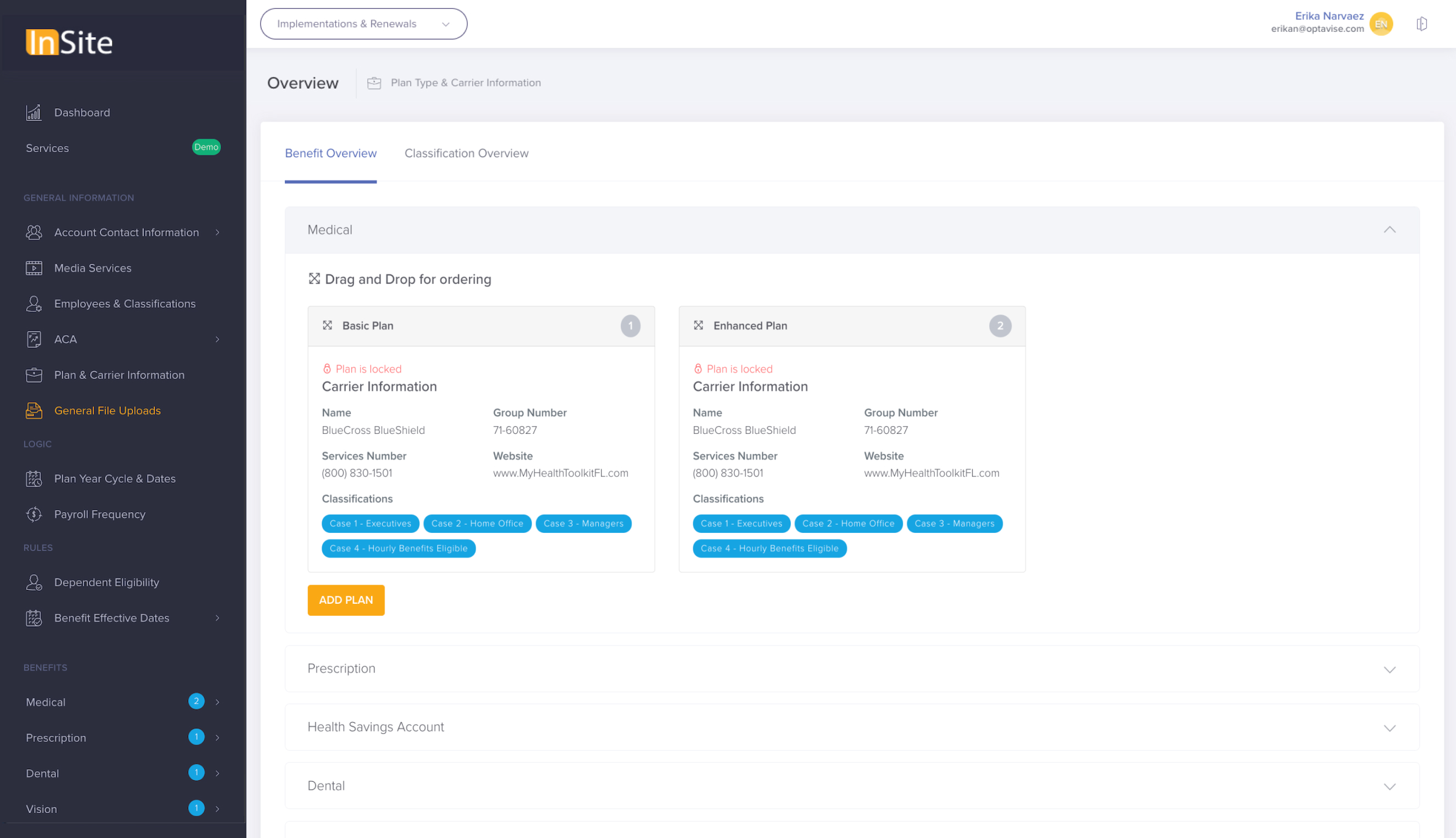 Plan and carrier information page