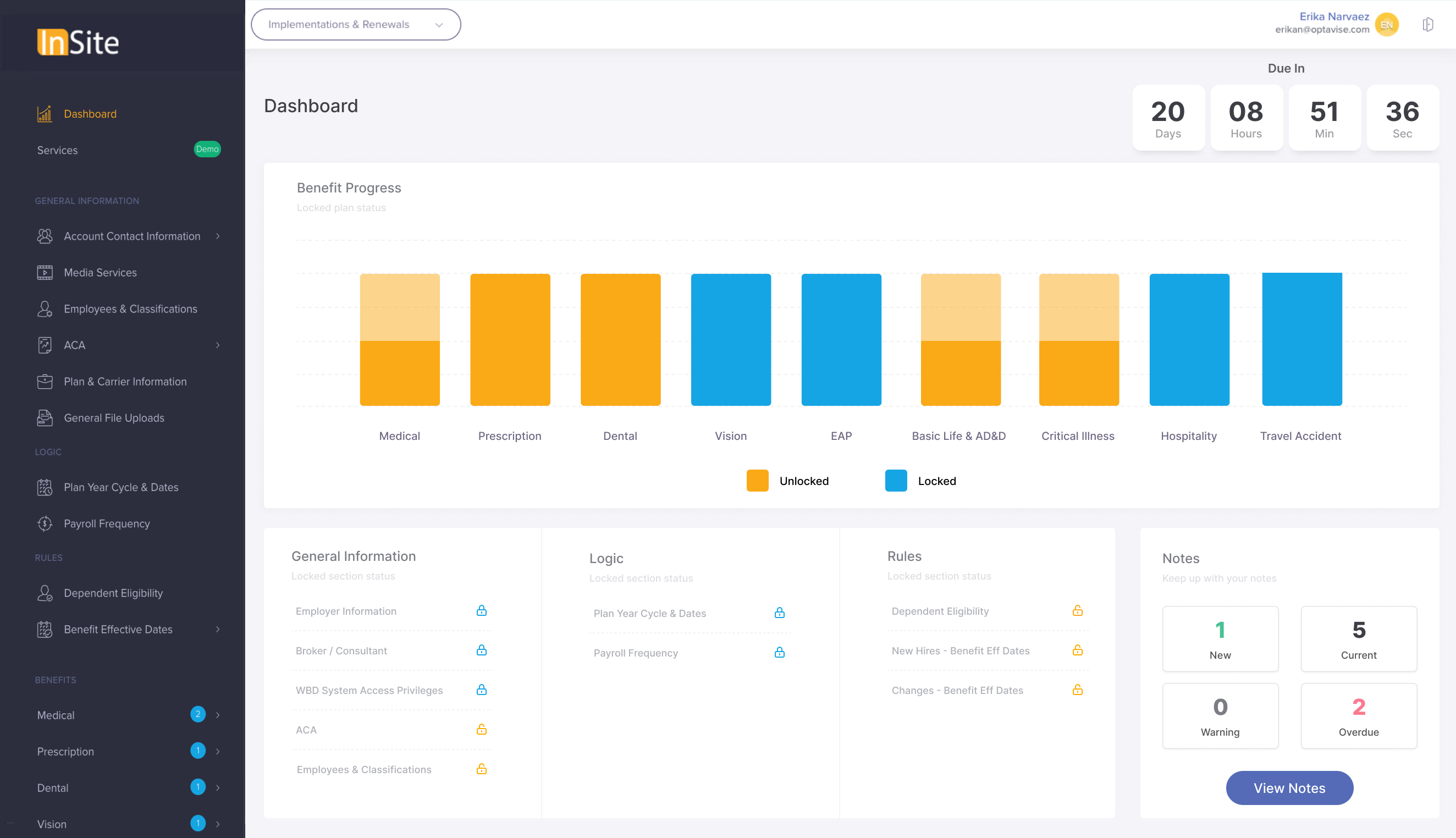 InSite dashboard with progress view and due-date countdown