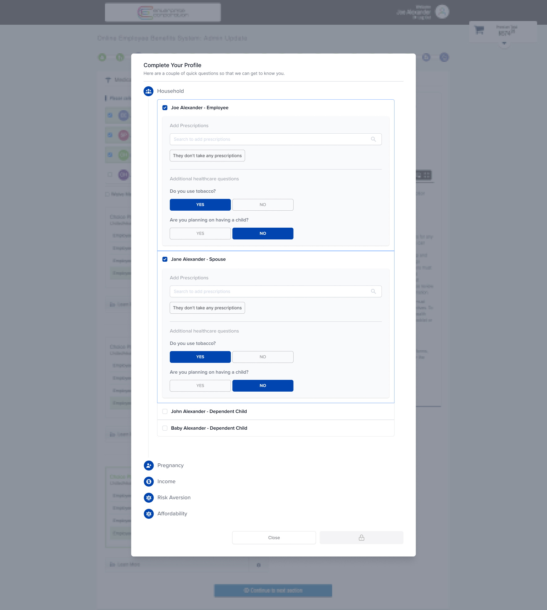 High-fidelity modal, question state