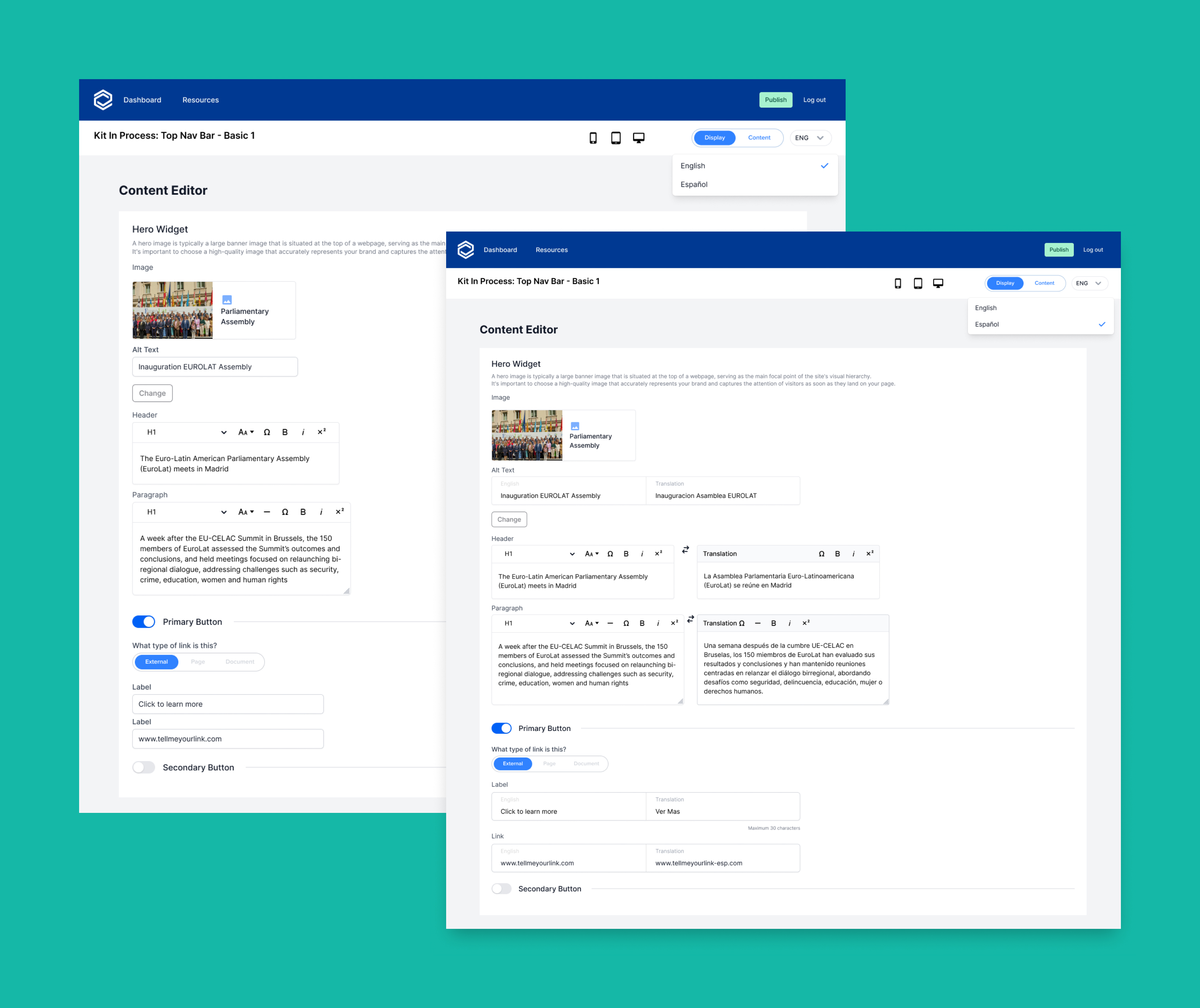 Content editor showing English source and Spanish translation side by side